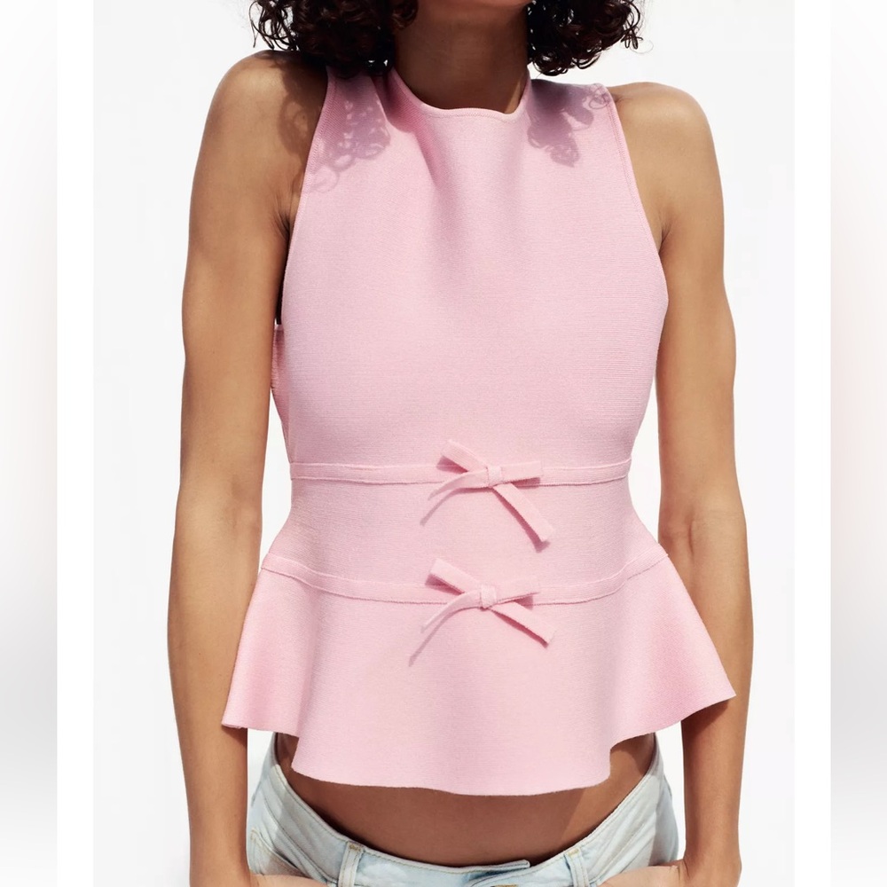 Zara Pink Sleeveless Peplum Tie Front Blouse